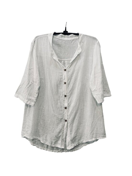 Prato Italy Tops - White 100% Linen Blouse Size M Johnny Collar Prato Italy Beachy Quiet Luxury